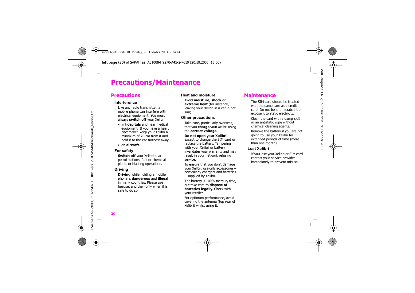 Precautions/maintenance | Siemens Xelibri 8 User Manual | Page 31 / 36