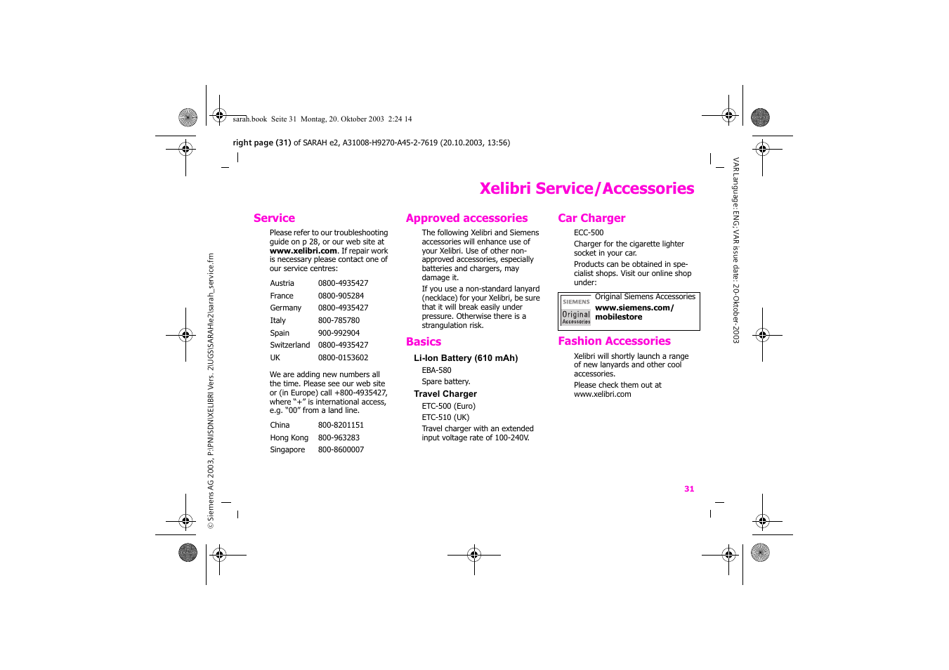 Xelibri service/accessories | Siemens Xelibri 8 User Manual | Page 32 / 36