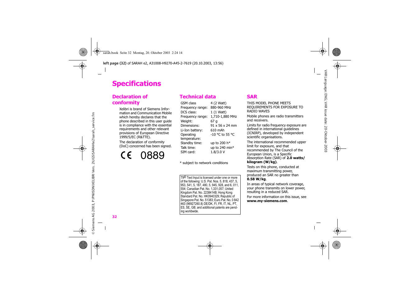 Specifications | Siemens Xelibri 8 User Manual | Page 33 / 36