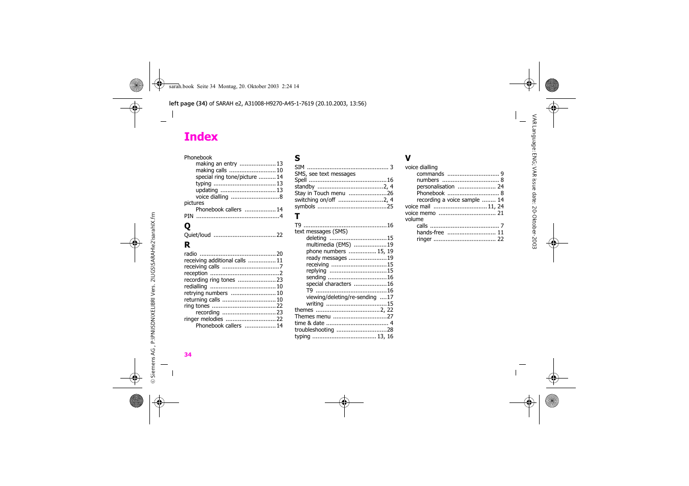 Index | Siemens Xelibri 8 User Manual | Page 35 / 36
