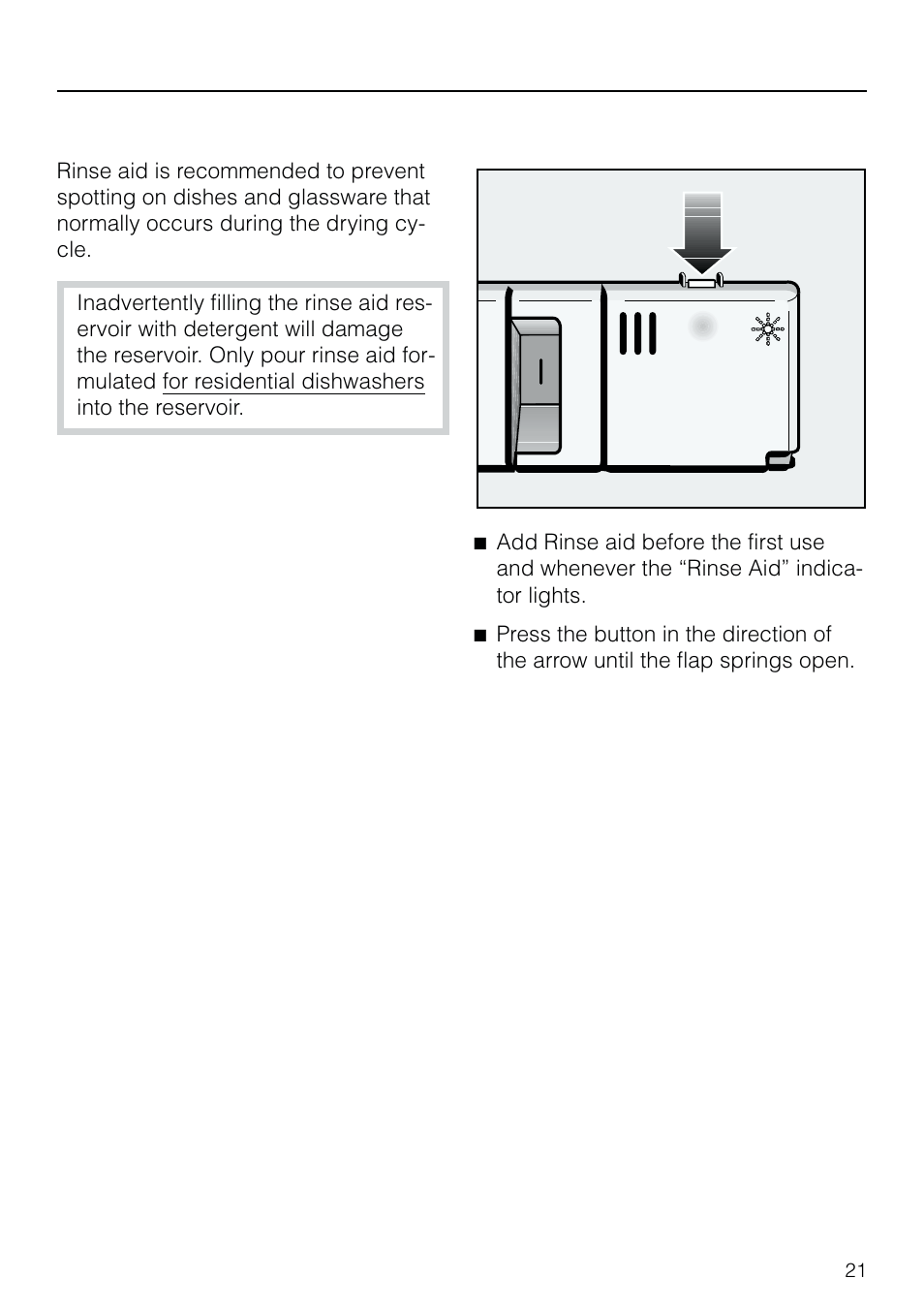 Rinse aid 21, Adding rinse aid 21, Rinse aid adding rinse aid | Before using for the first time | Miele G 803 User Manual | Page 21 / 60