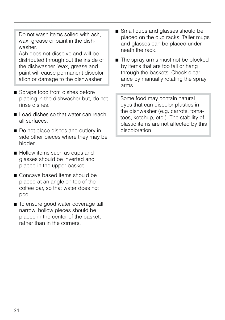 Loading the dish washer 24, Loading the dishwasher | Miele G 803 User Manual | Page 24 / 60