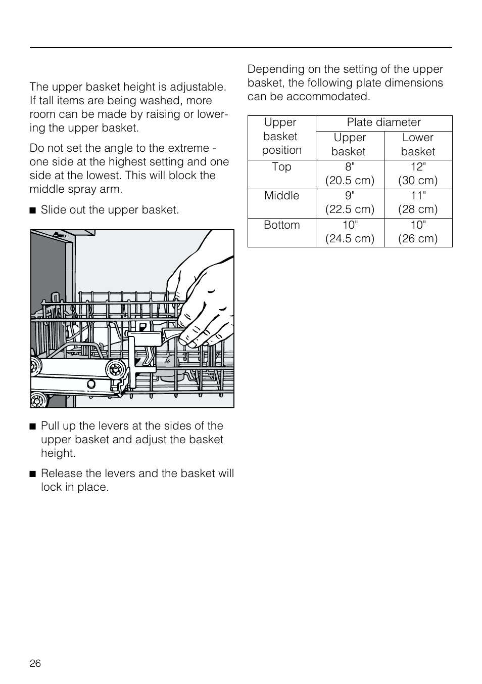 Ad justing the up per bas ket 26, Adjusting the upper basket, Loading the dishwasher | Miele G 803 User Manual | Page 26 / 60