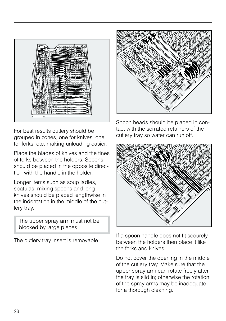 Cut lery tray 28, Cutlery tray, Loading the dishwasher | Miele G 803 User Manual | Page 28 / 60