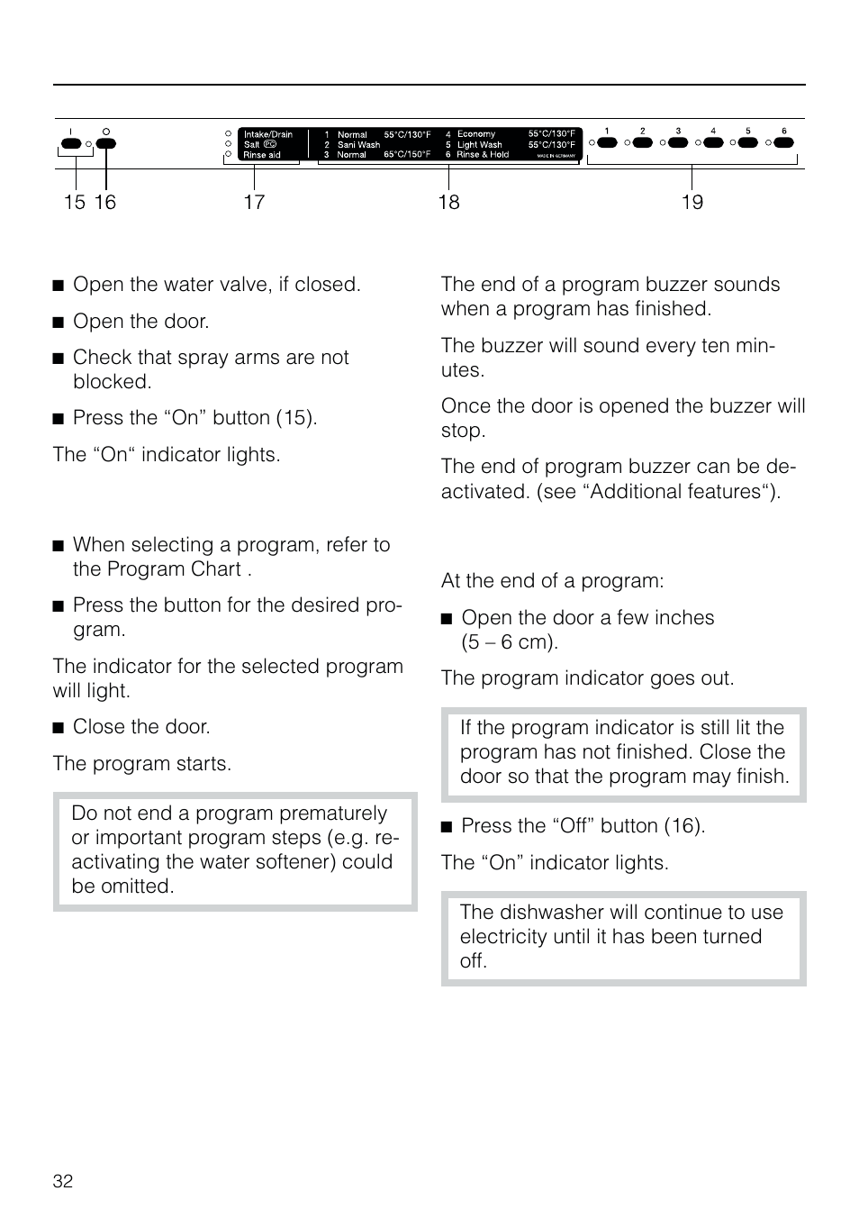 Turn ing on the dish washer 32, Starting a pro gram 32, End of a pro gram 32 | Turn ing off the dish washer 32, Operating the dishwasher, Turning on the dishwasher, Starting a program, End of a program, Turning off the dishwasher | Miele G 803 User Manual | Page 32 / 60