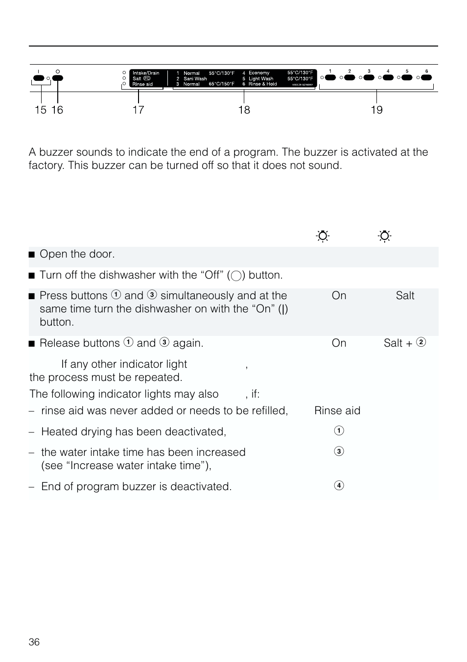 End of pro gram buzzer 36, End of program buzzer, Operating the dishwasher | Miele G 803 User Manual | Page 36 / 60