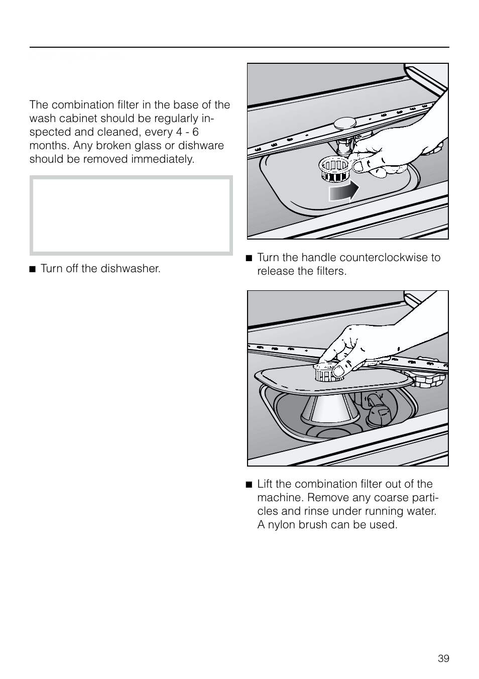 Cleaning and care 39, Cleaning the fil ters in the wash cab i net 39, Cleaning and care | Cleaning the filters in the wash cabinet | Miele G 803 User Manual | Page 39 / 60