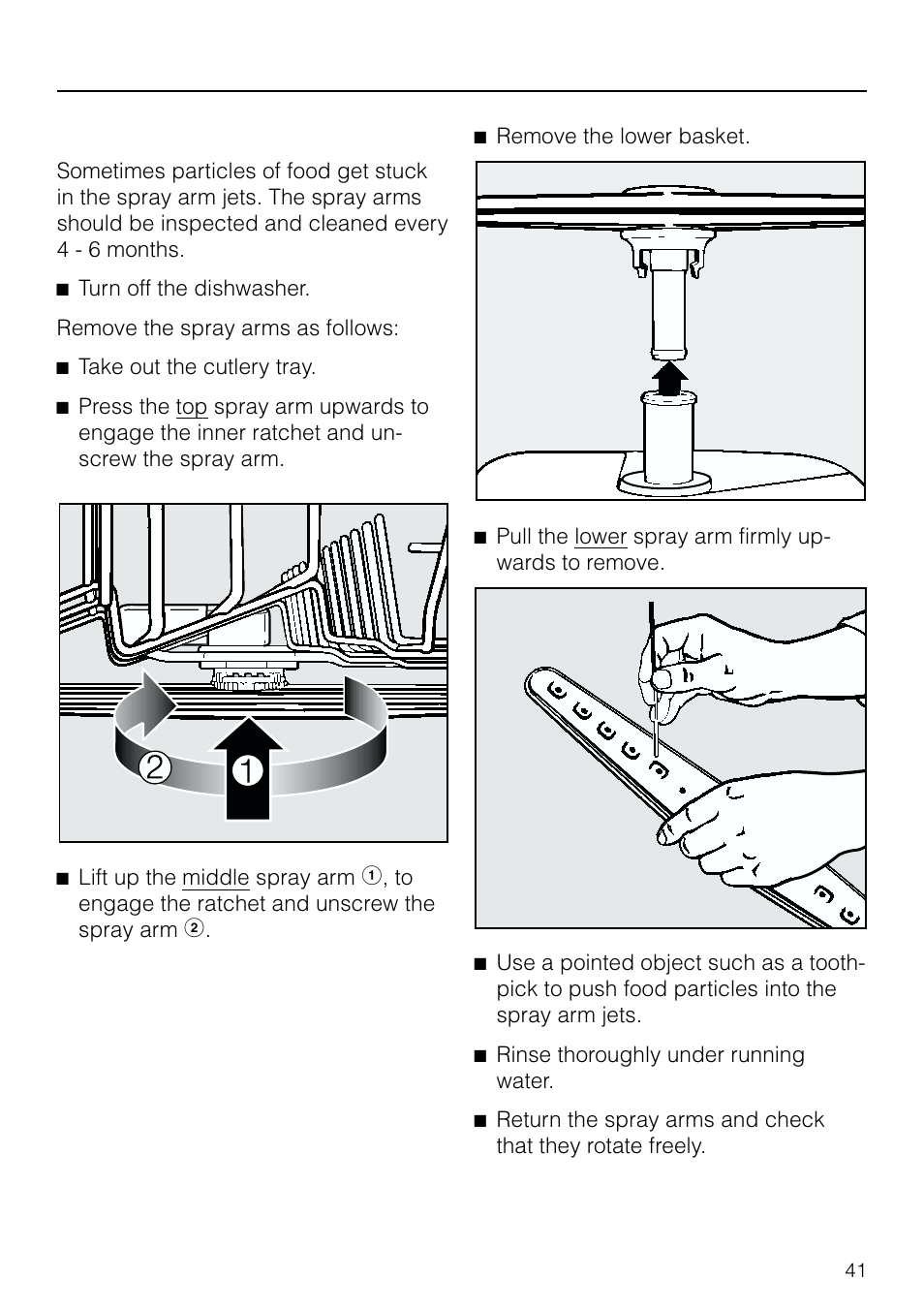 Cleaning the spray arms 41, Cleaning the spray arms, Cleaning and care | Miele G 803 User Manual | Page 41 / 60