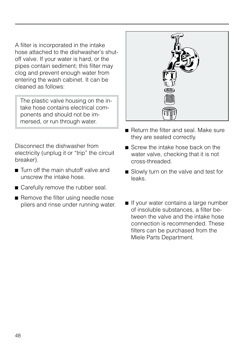 Solving prob lems 48, Cleaning the wa ter in take fil ter 48, Solving problems | Cleaning the water intake filter | Miele G 803 User Manual | Page 48 / 60