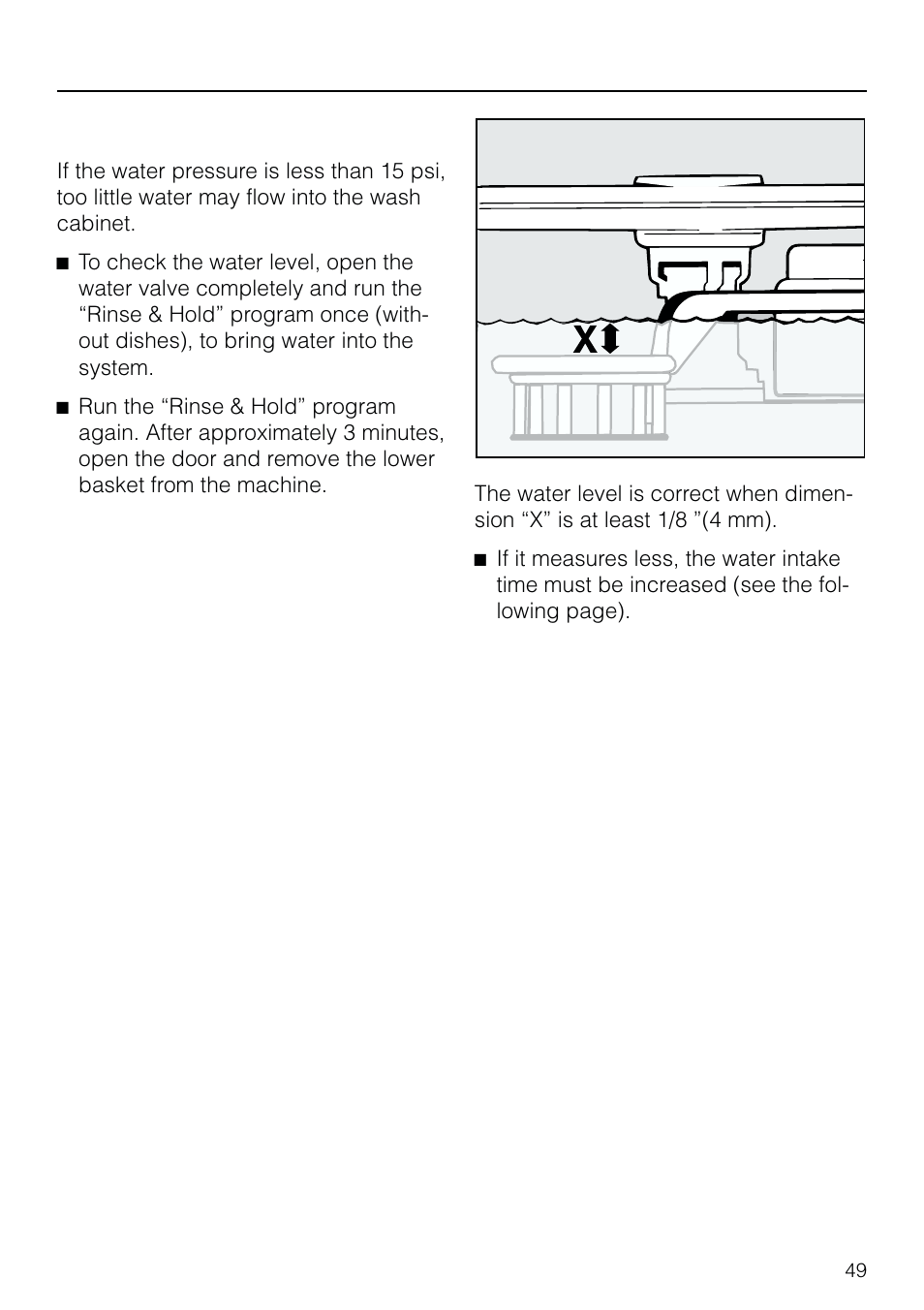 Check ing the wa ter level 49, Checking the water level, Solving problems | Miele G 803 User Manual | Page 49 / 60