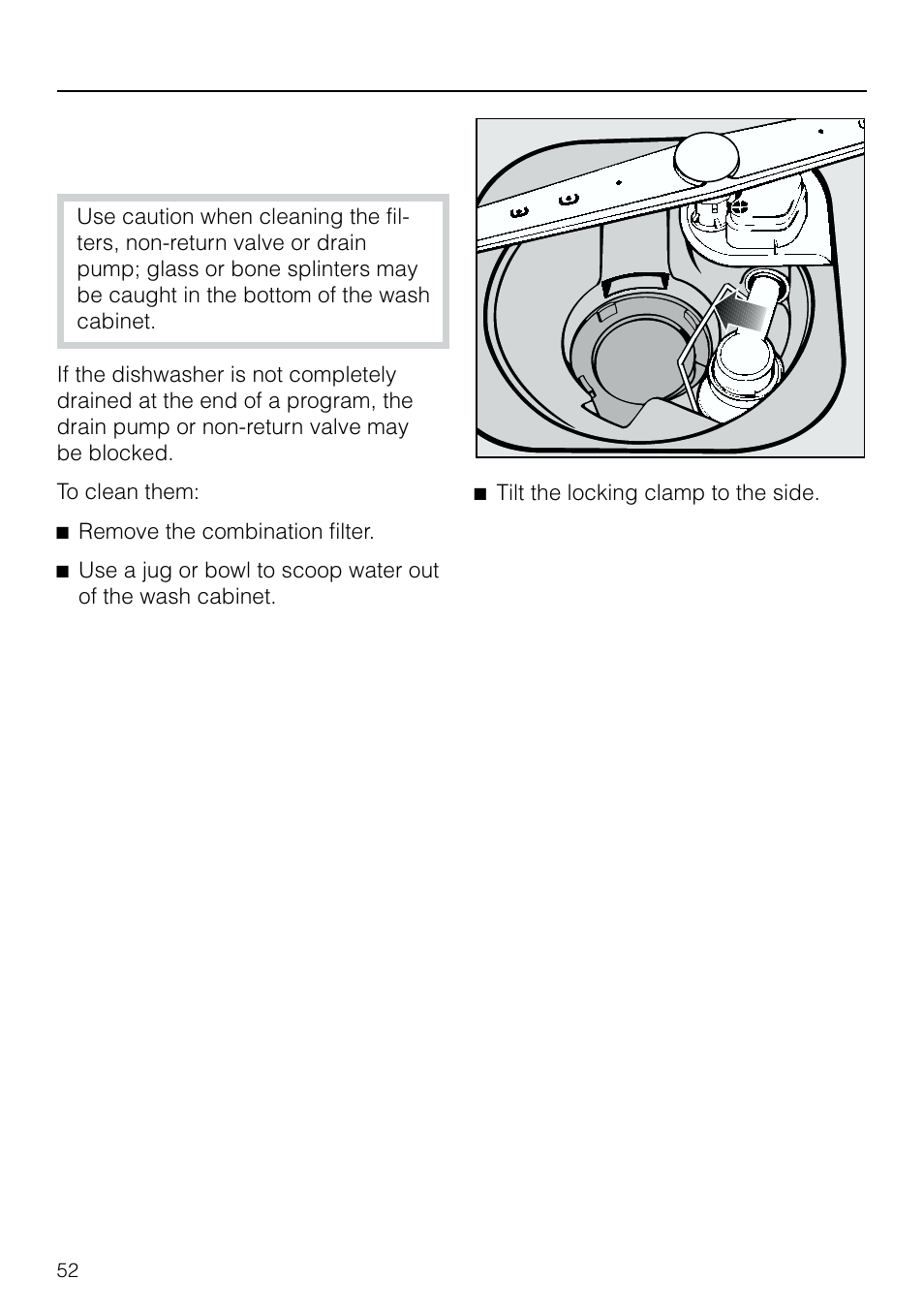 Cleaning the drain pump and non-return valve 52, Cleaning the drain pump and non-return valve, Solving problems | Miele G 803 User Manual | Page 52 / 60