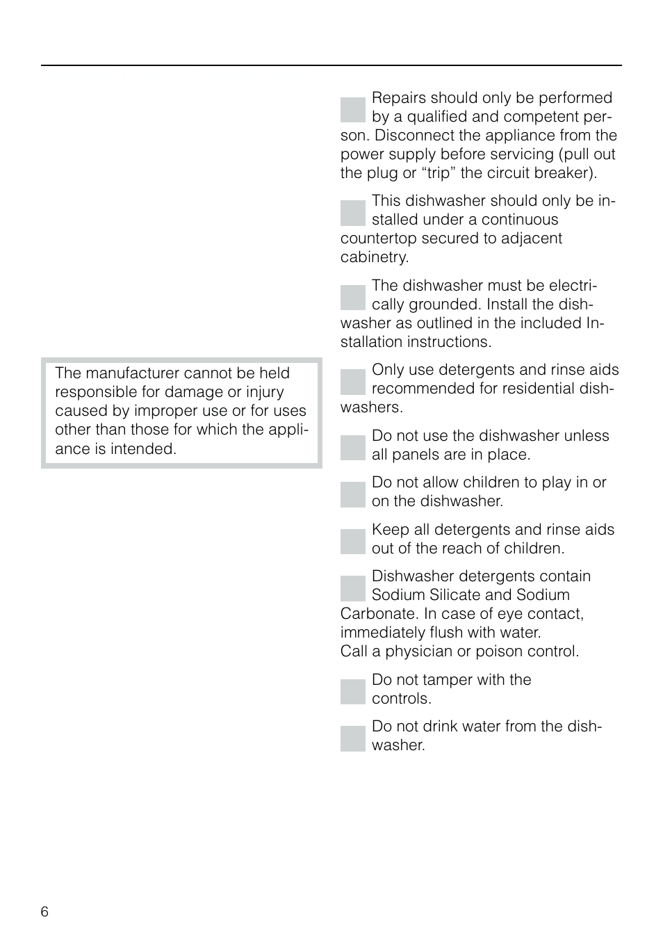 Im por tant safety in struc tions 6, Important safety instructions, Warning | Miele G 803 User Manual | Page 6 / 60