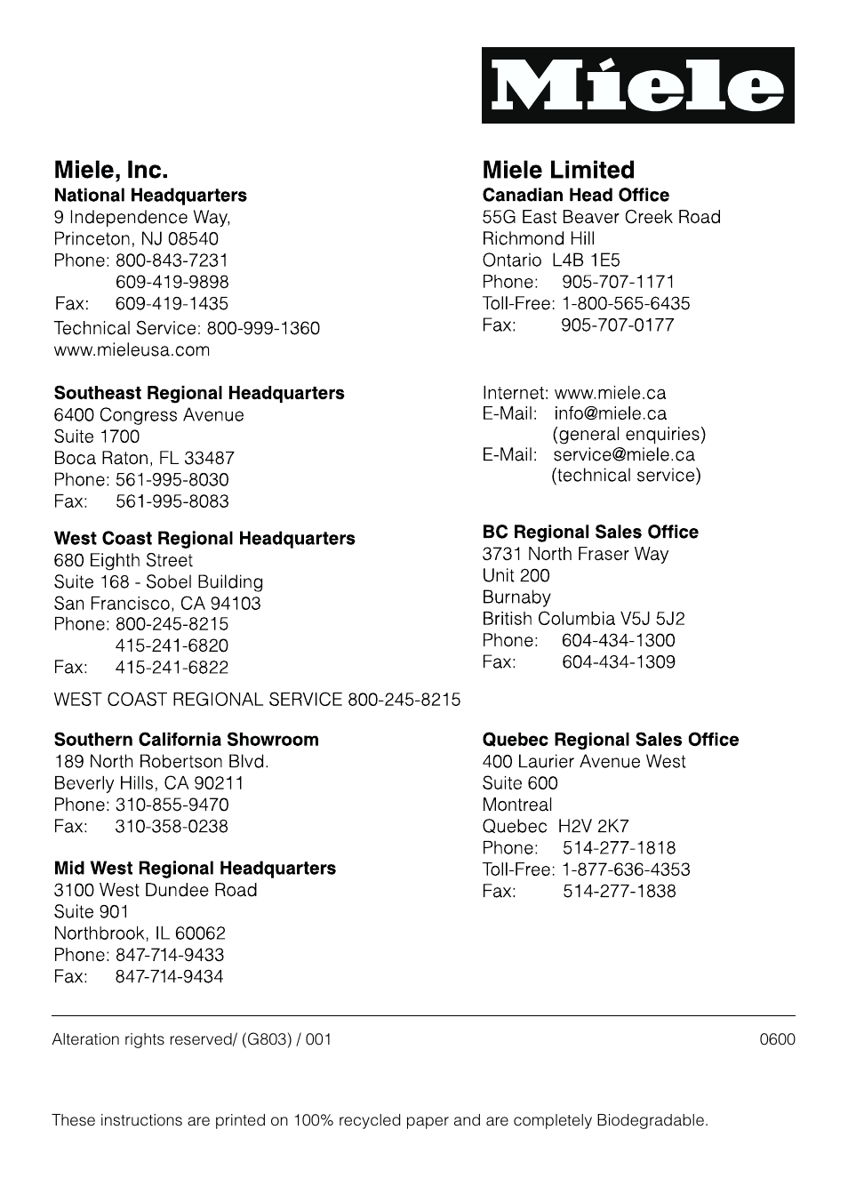 Miele G 803 User Manual | Page 60 / 60