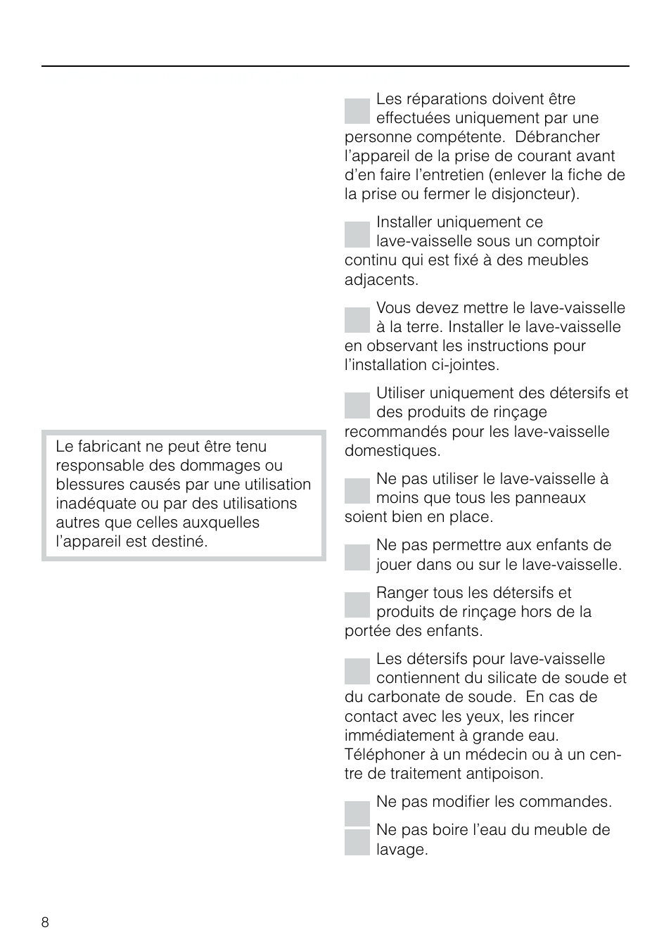 In struc tions importantes sur la sécurité 8, Instructions importantes sur la sécurité, Avertissement | Miele G 803 User Manual | Page 8 / 60