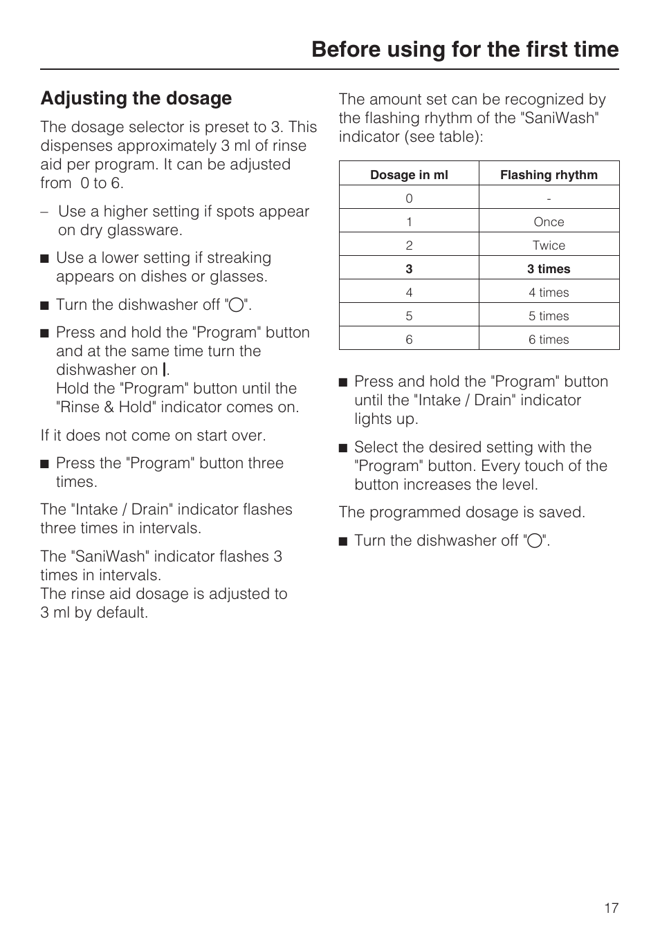 Adjusting the dosage 17, Before using for the first time, Adjusting the dosage | Miele G 5175 User Manual | Page 17 / 60