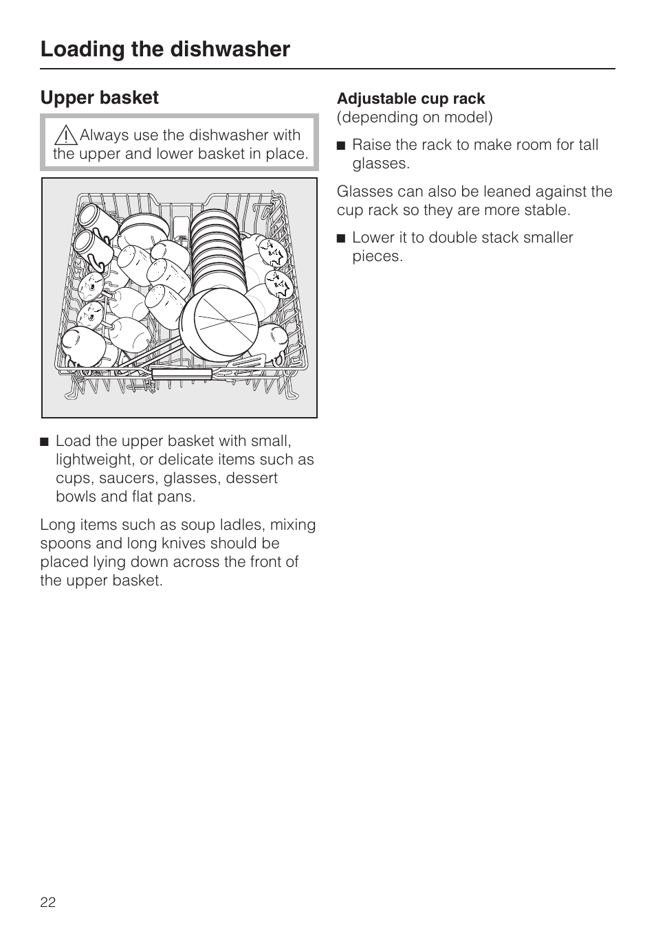 Upper basket 22, Loading the dishwasher, Upper basket | Miele G 5175 User Manual | Page 22 / 60