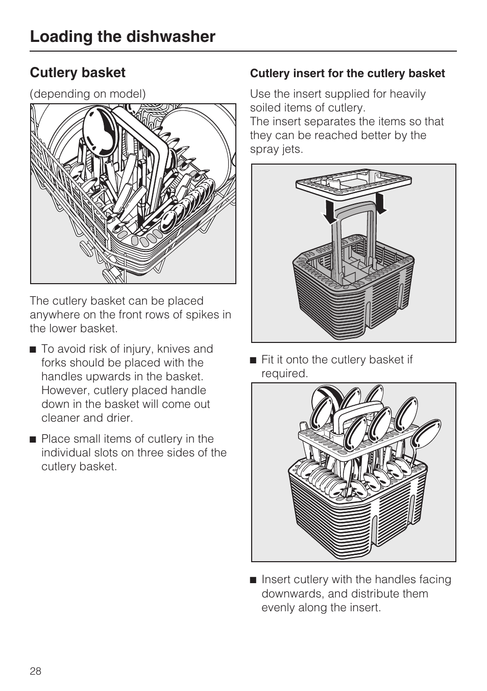 Loading the dishwasher, Cutlery basket | Miele G 5175 User Manual | Page 28 / 60