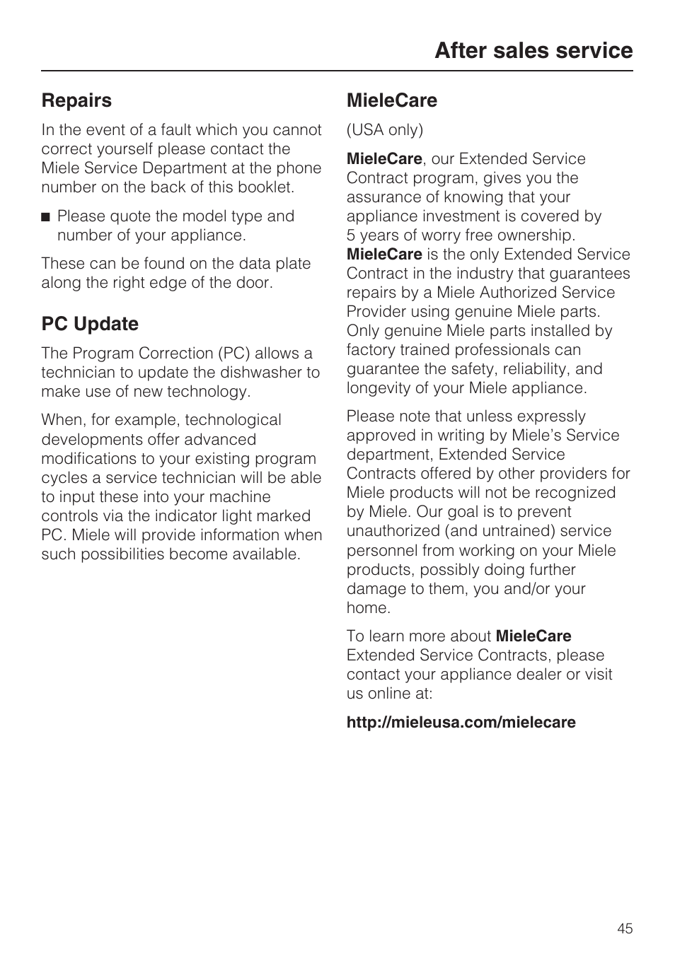 After sales service 45, After sales service, Repairs | Pc update, Mielecare | Miele G 5175 User Manual | Page 45 / 60
