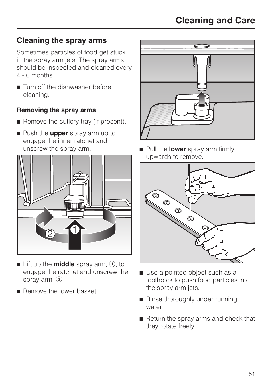Cleaning and care, Cleaning the spray arms | Miele G 5175 User Manual | Page 51 / 60