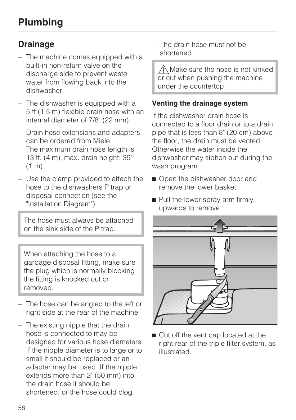 Drainage 58, Plumbing, Drainage | Miele G 5175 User Manual | Page 58 / 60