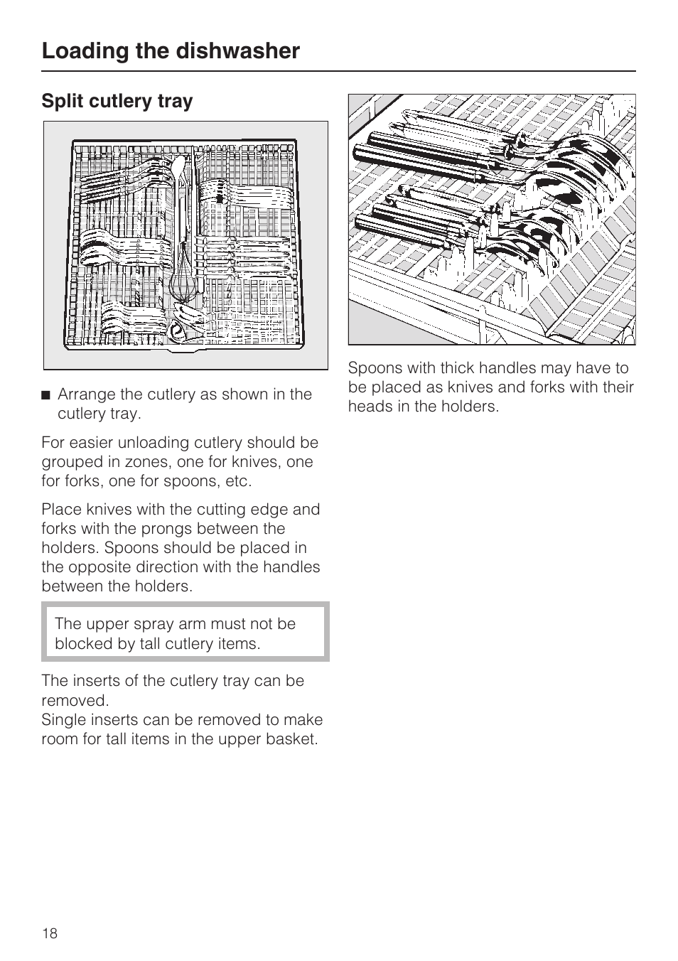 Split cutlery tray 18, Loading the dishwasher, Split cutlery tray | Miele G 2432 User Manual | Page 18 / 60