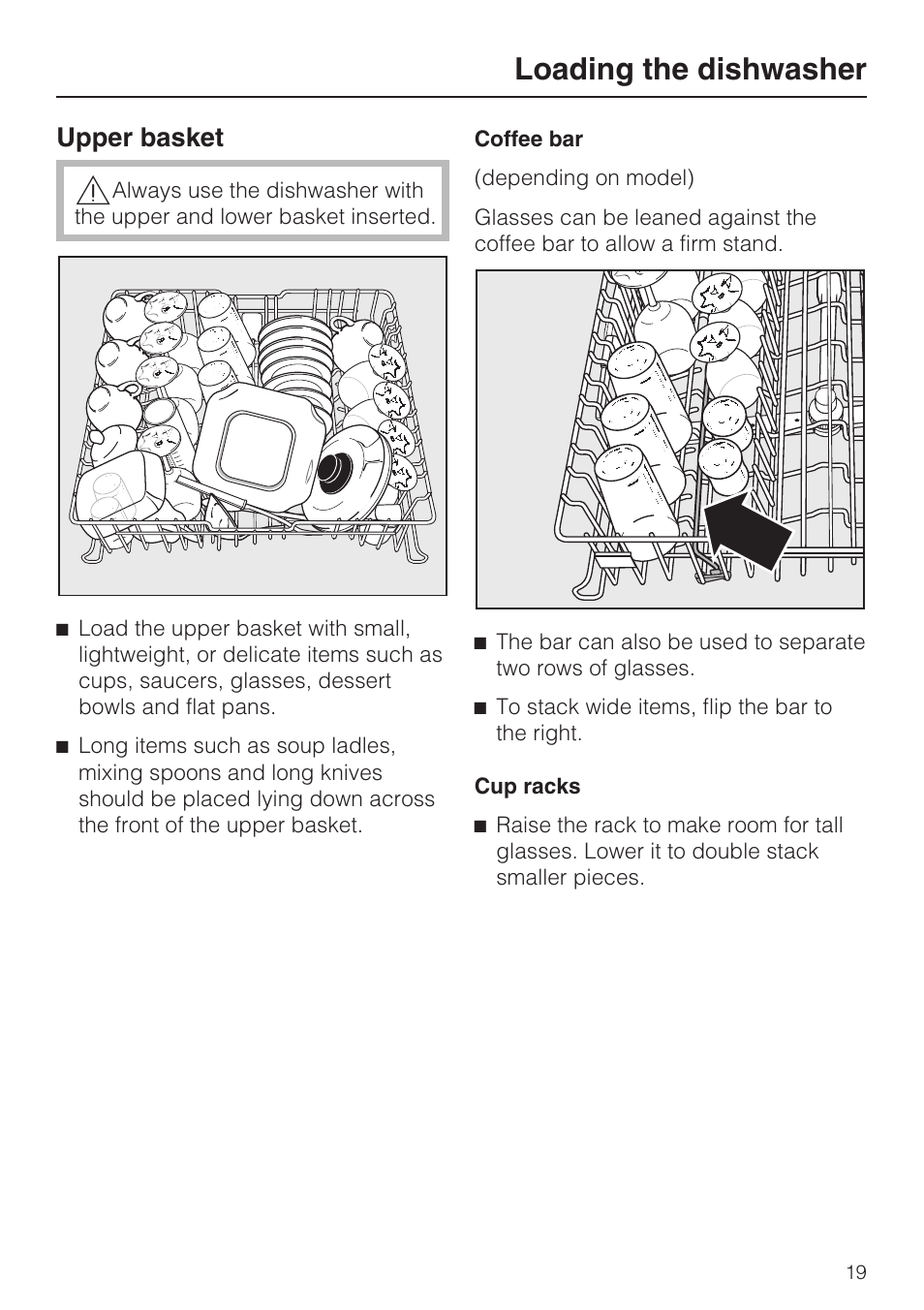 Upper basket 19, Loading the dishwasher, Upper basket | Miele G 2432 User Manual | Page 19 / 60