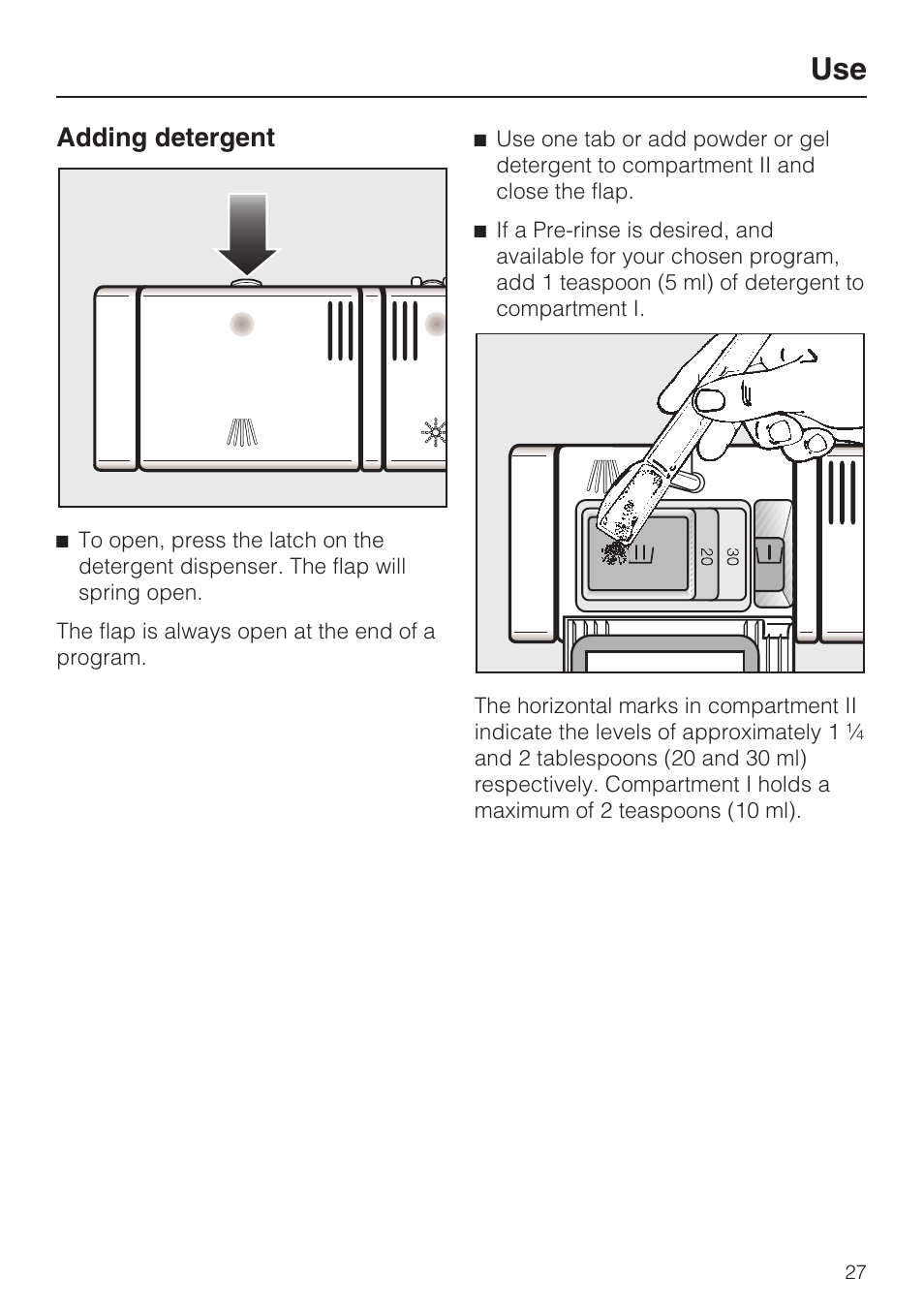 Adding detergent 27, Adding detergent | Miele G 2432 User Manual | Page 27 / 60