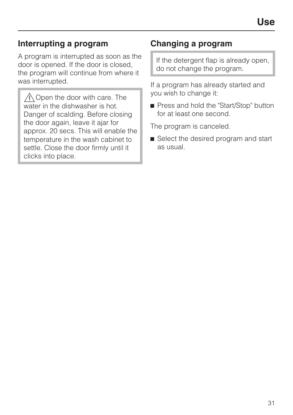 Interrupting a program 31, Changing a program 31 | Miele G 2432 User Manual | Page 31 / 60