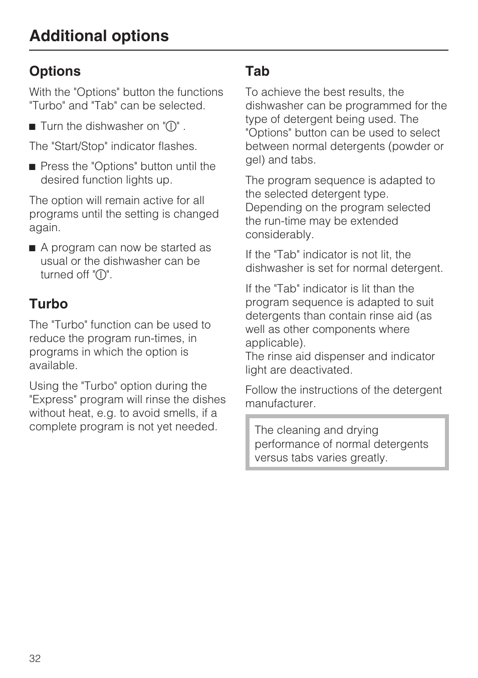 Additional options 32, Turbo 32, Tab 32 | Additional options, Options, Turbo | Miele G 2432 User Manual | Page 32 / 60