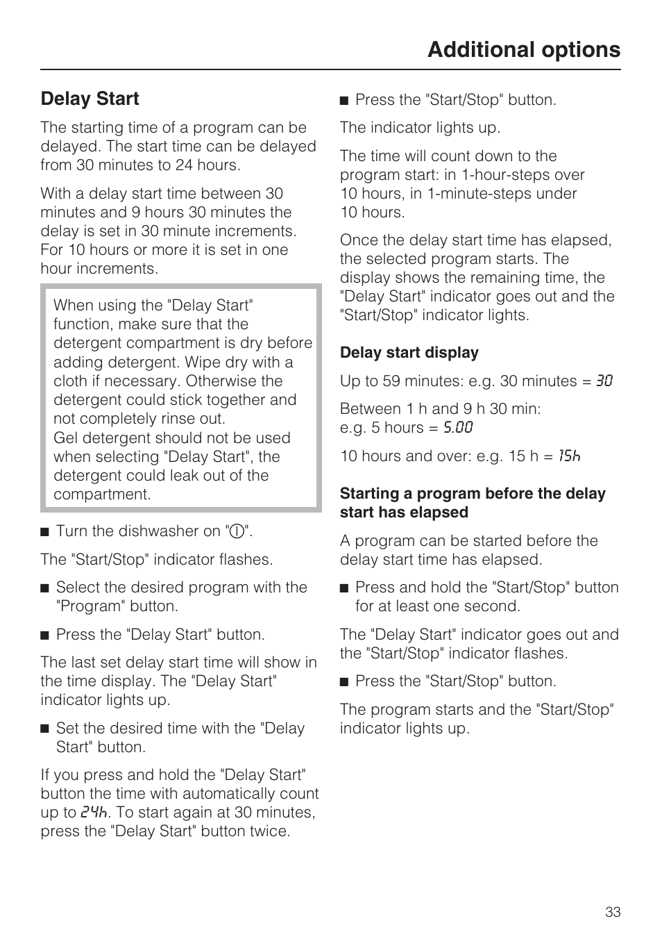 Delay start 33, Additional options, Delay start | Miele G 2432 User Manual | Page 33 / 60