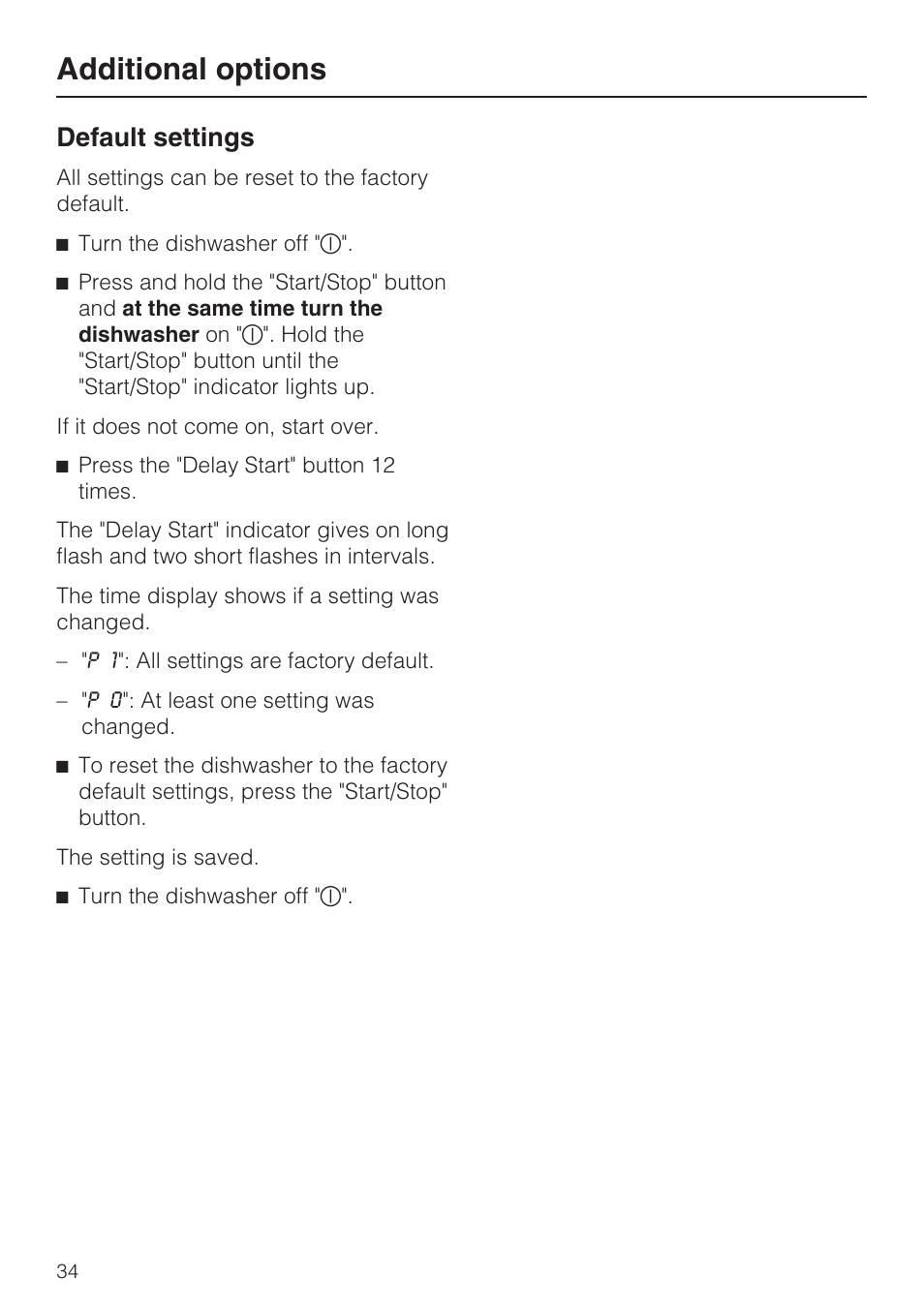 Default settings 34, Additional options, Default settings | Miele G 2432 User Manual | Page 34 / 60