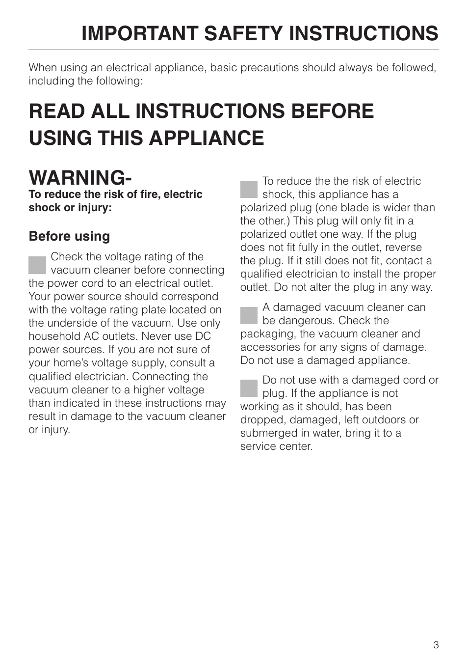 Important safety instructions 3, Important safety instructions | Miele S 300i - S 318i User Manual | Page 3 / 40