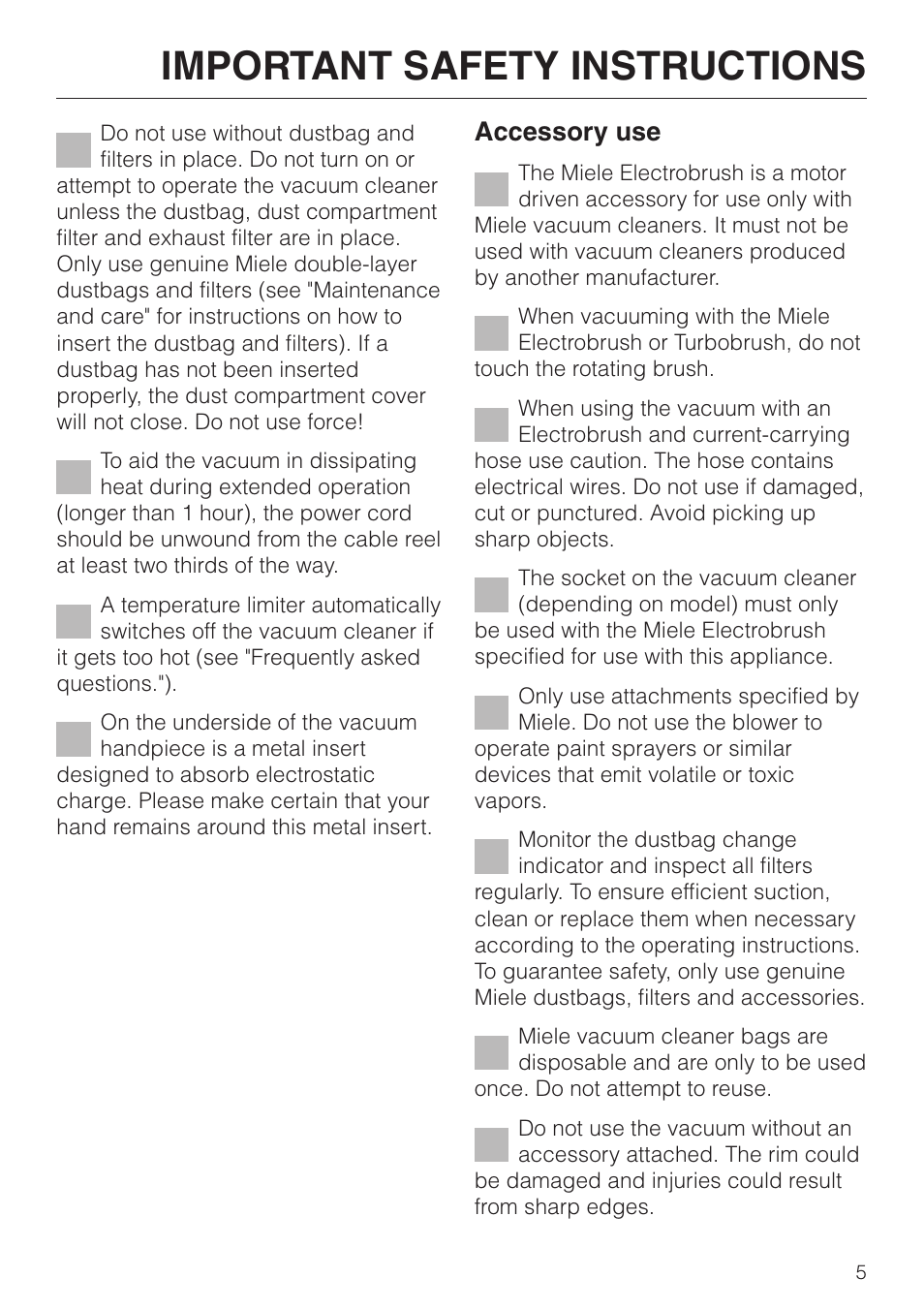 Important safety instructions, Accessory use | Miele S 300i - S 318i User Manual | Page 5 / 40
