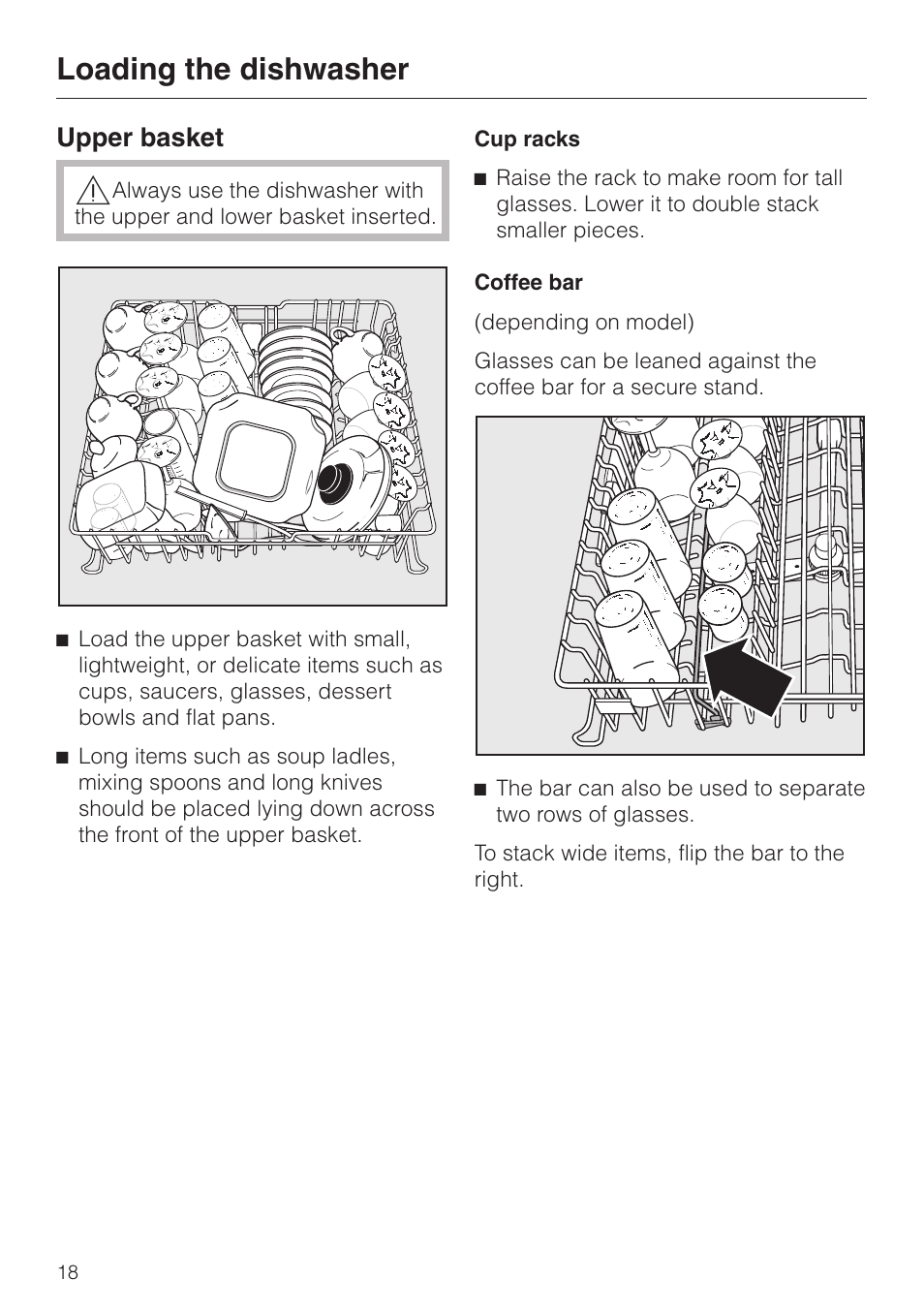 Upper basket 18, Loading the dishwasher, Upper basket | Miele ADVANTA SERIES G 2020 User Manual | Page 18 / 52
