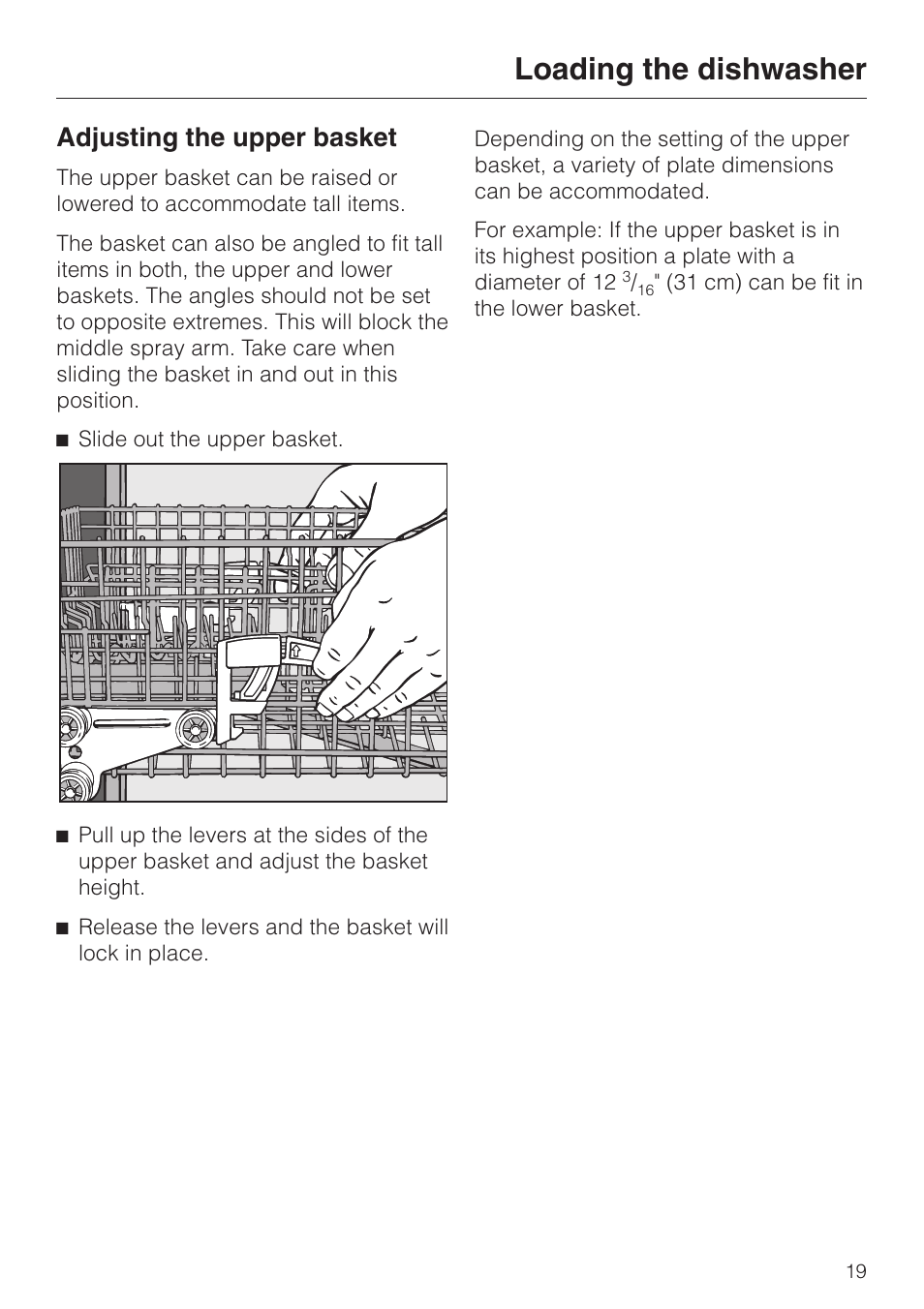 Adjusting the upper basket 19, Loading the dishwasher, Adjusting the upper basket | Miele ADVANTA SERIES G 2020 User Manual | Page 19 / 52
