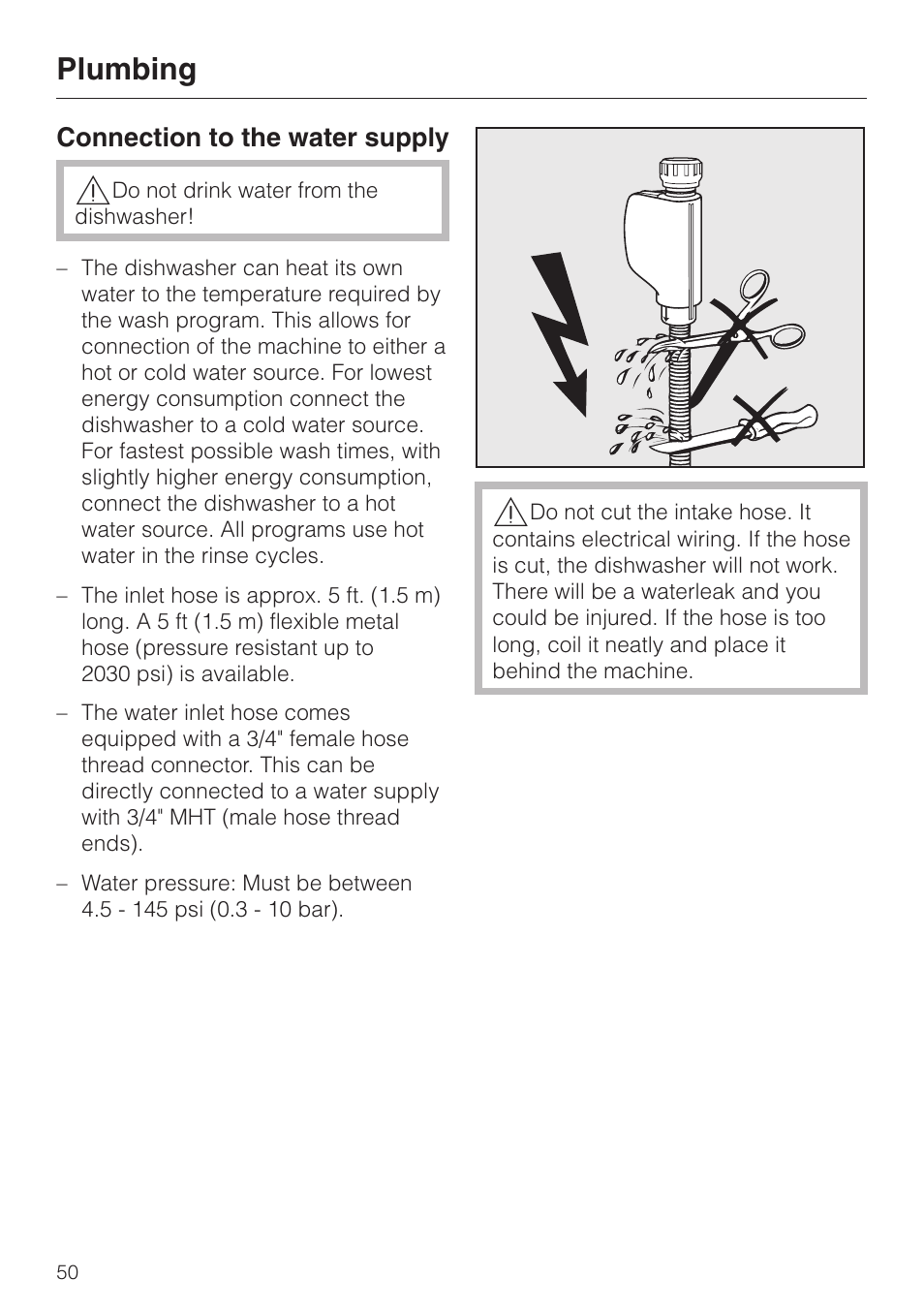 Plumbing 50, Connection to the water supply 50, Plumbing | Miele ADVANTA SERIES G 2020 User Manual | Page 50 / 52