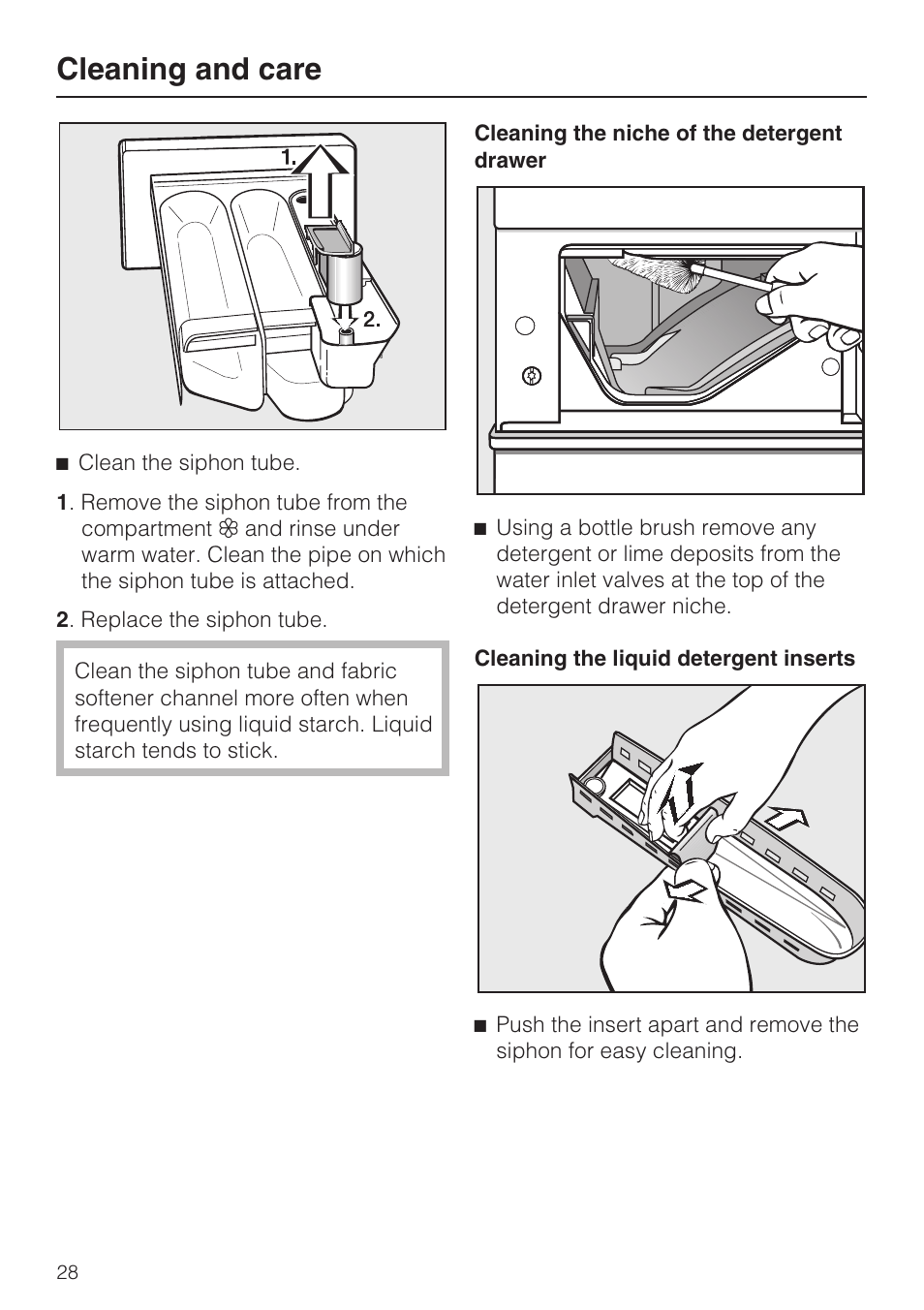 Cleaning and care | Miele TOUCHTRONIC W 3039 User Manual | Page 28 / 60