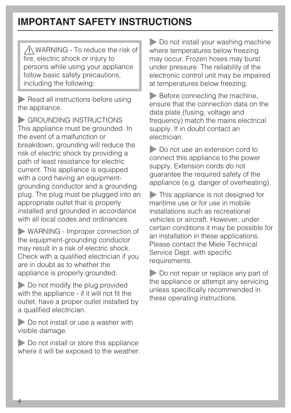 Important safety instructions 4, Important safety instructions | Miele TOUCHTRONIC W 3039 User Manual | Page 4 / 60
