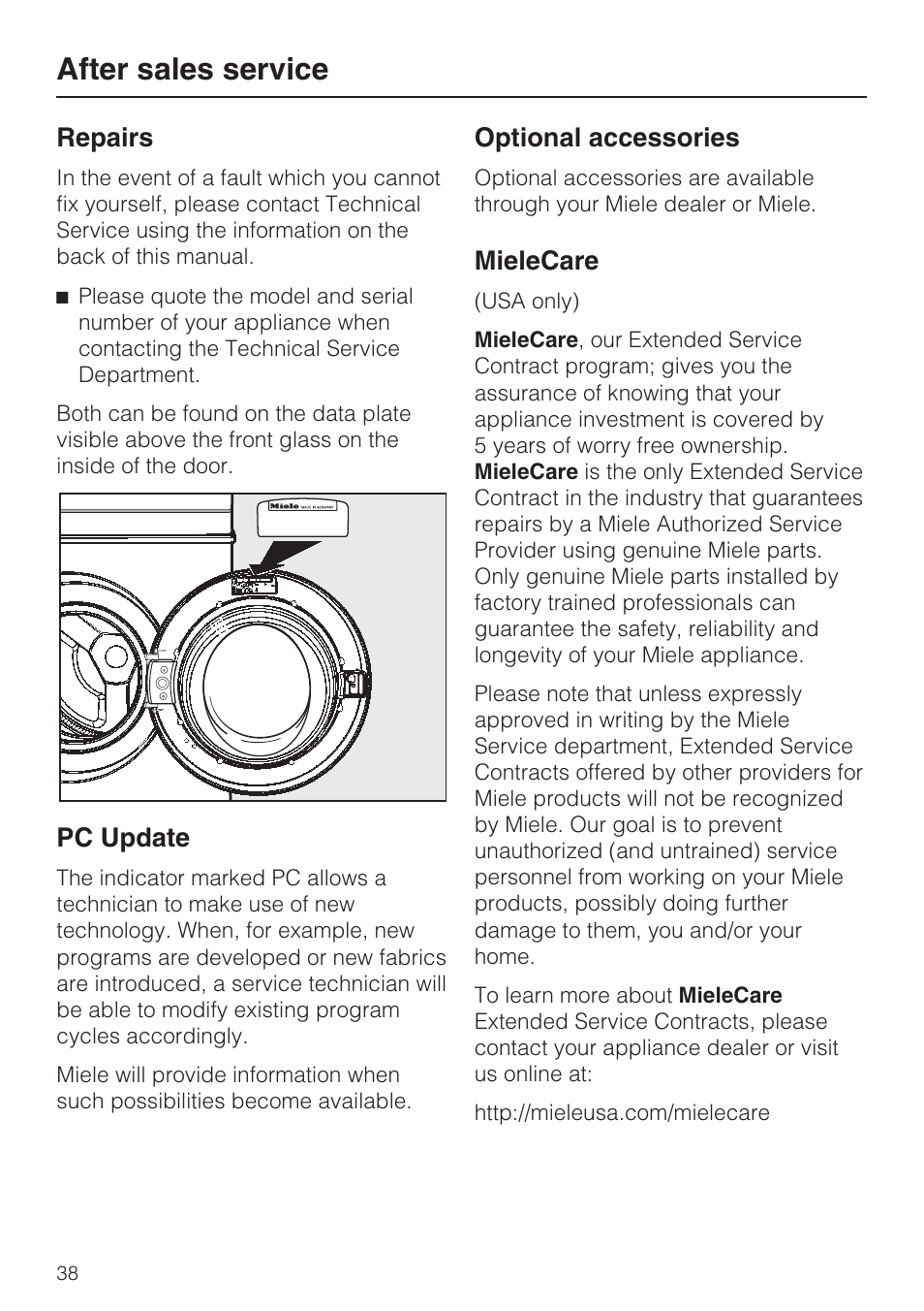 After sales service 38, After sales service, Repairs | Pc update, Optional accessories, Mielecare | Miele TOUCHTRONIC W 3039 User Manual | Page 42 / 60