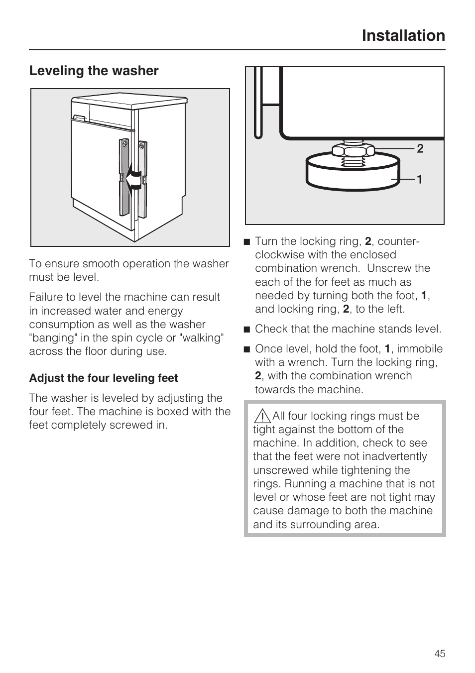 Leveling the washer 45, Installation, Leveling the washer | Miele TOUCHTRONIC W 3039 User Manual | Page 49 / 60