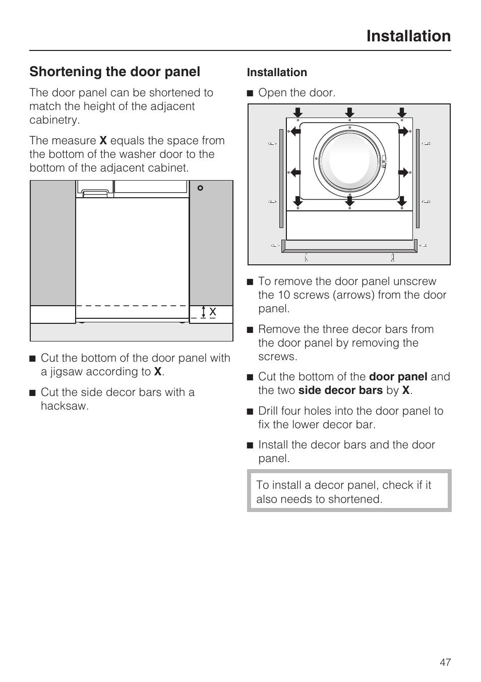 Shortening the door panel 47, Installation, Shortening the door panel | Miele TOUCHTRONIC W 3039 User Manual | Page 51 / 60