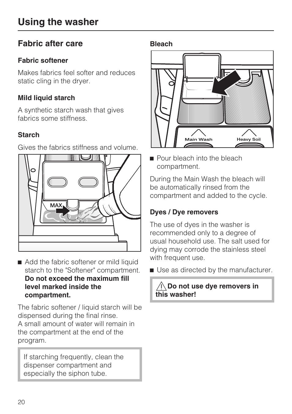 Fabric after care 20, Using the washer, Fabric after care | Miele W4802 User Manual | Page 20 / 56