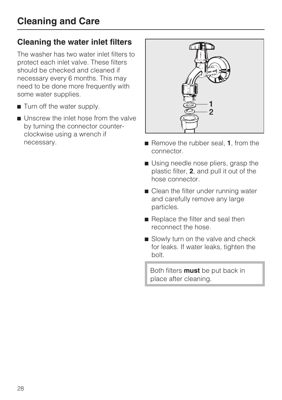 Cleaning the water inlet filters 28, Cleaning and care, Cleaning the water inlet filters | Miele W4802 User Manual | Page 32 / 56