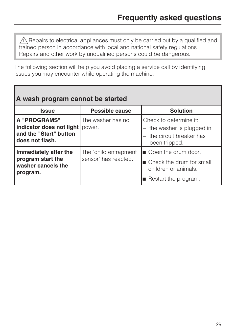Frequently asked questions 29, A wash program cannot be started 29, Frequently asked questions | A wash program cannot be started | Miele W4802 User Manual | Page 33 / 56