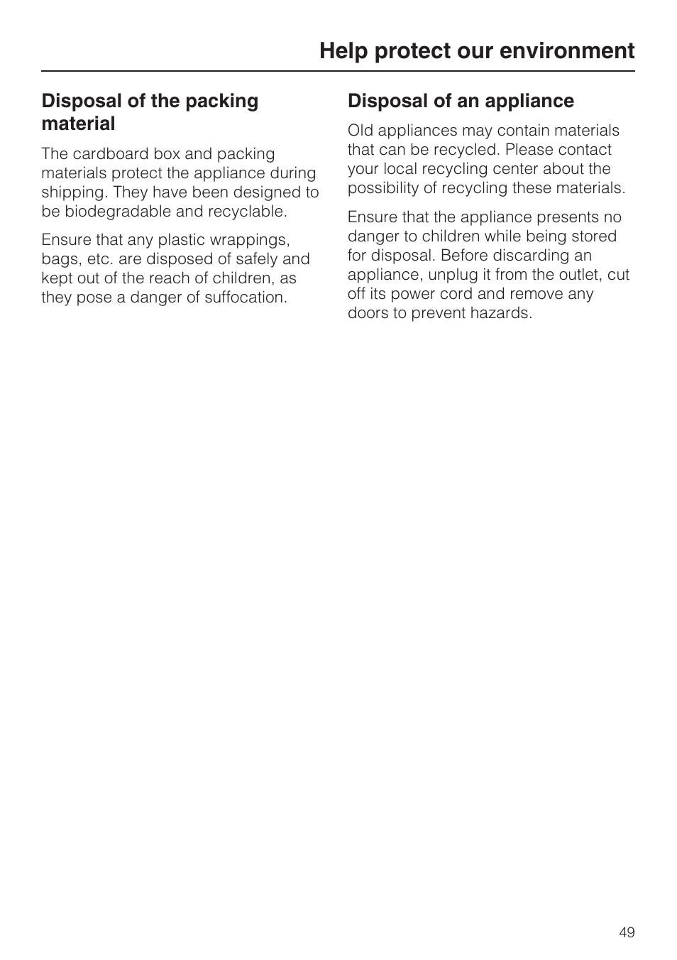 Help protect our environment 49, Help protect our environment | Miele W4802 User Manual | Page 53 / 56