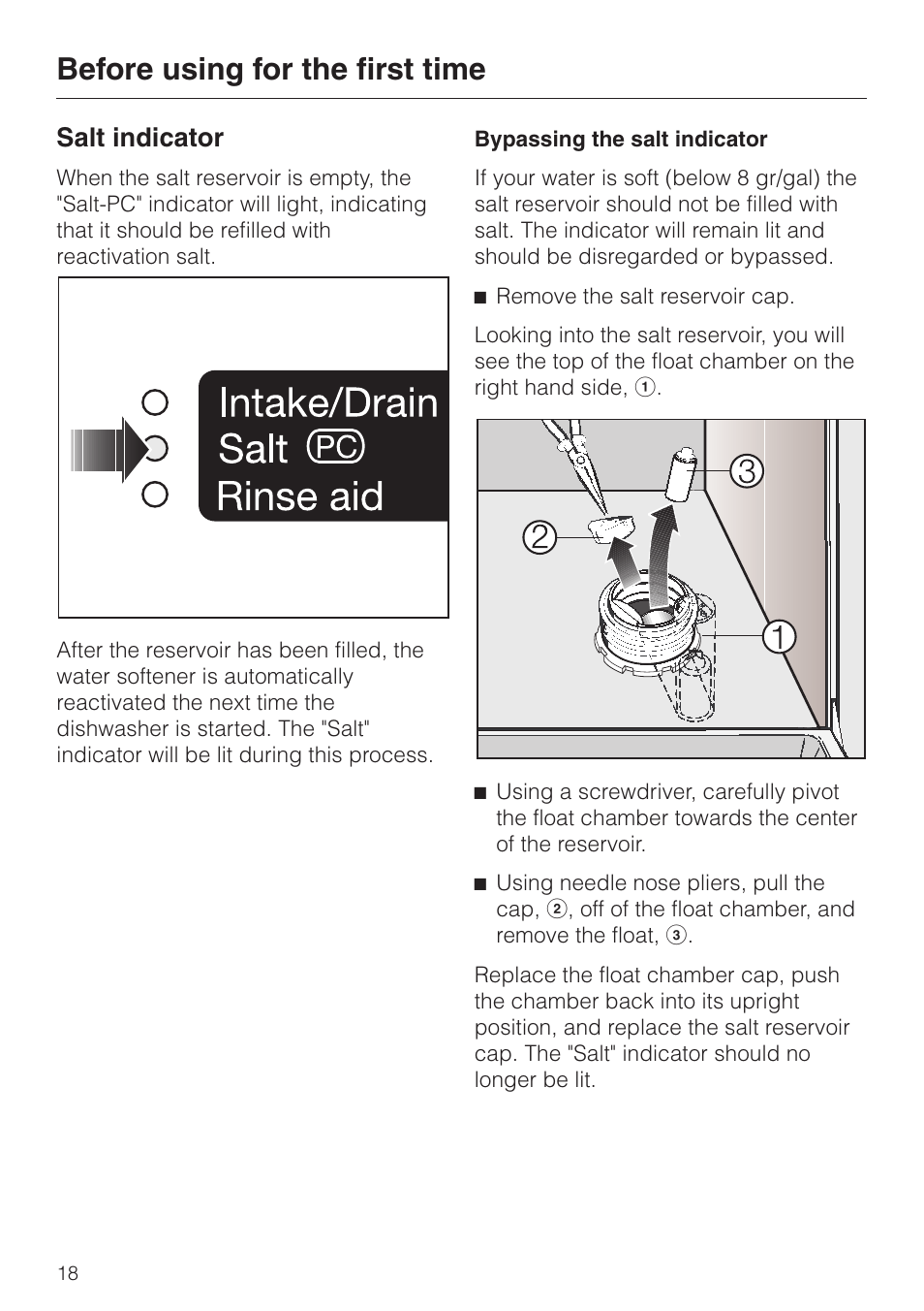 Salt indicator 18, Salt indicator, Before using for the first time | Miele INCOGNITO G 818 SCVI User Manual | Page 18 / 56