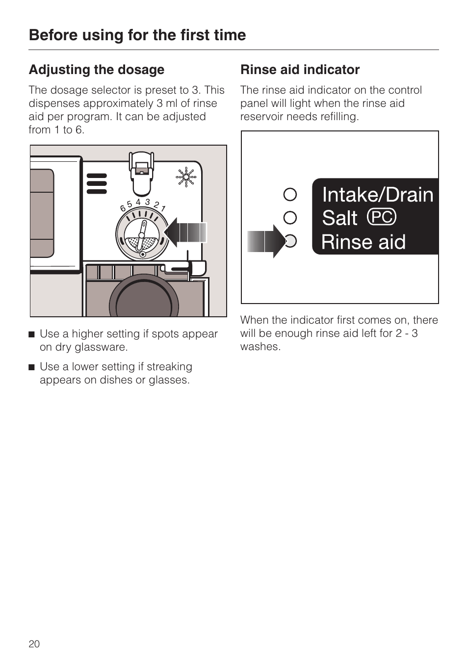 Adjusting the dosage 20, Rinse aid indicator 20, Adjusting the dosage rinse aid indicator | Before using for the first time, Adjusting the dosage, Rinse aid indicator | Miele INCOGNITO G 818 SCVI User Manual | Page 20 / 56