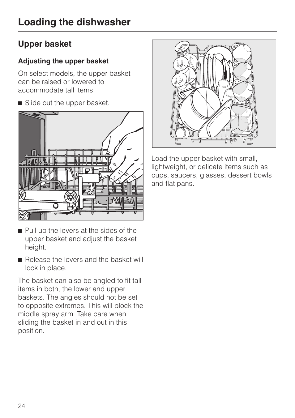 Upper basket 24, Adjusting the upper basket 24, Upper basket | Adjusting the upper basket, Loading the dishwasher | Miele INCOGNITO G 818 SCVI User Manual | Page 24 / 56