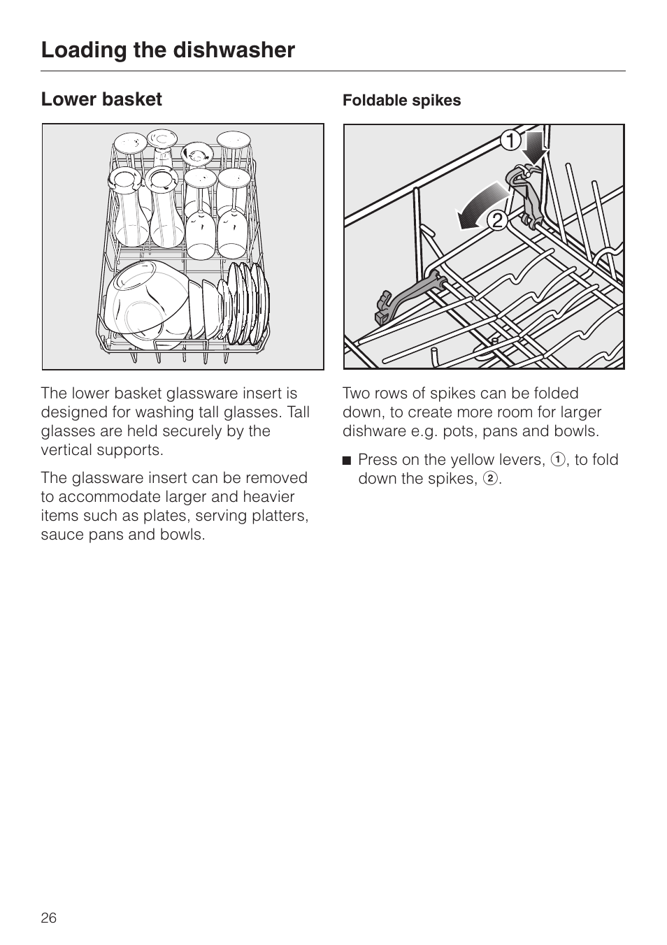 Lower basket 26, Foldable spikes 26, Lower basket | Foldable spikes, Loading the dishwasher | Miele INCOGNITO G 818 SCVI User Manual | Page 26 / 56