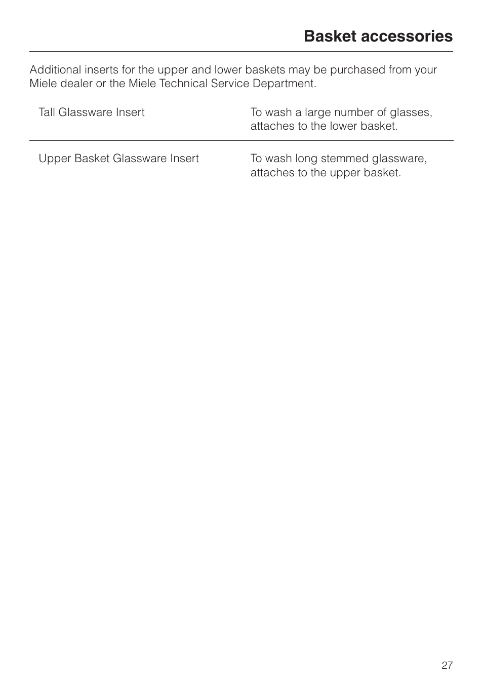 Basket accessories 27, Basket accessories | Miele INCOGNITO G 818 SCVI User Manual | Page 27 / 56